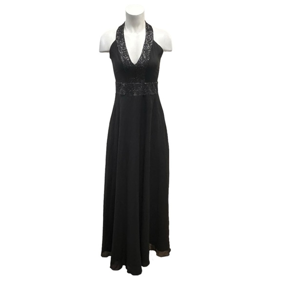 Dress The Population Delani Long Formal Maxi Dress Large Black Sequin Flowy - Picture 3 of 13
